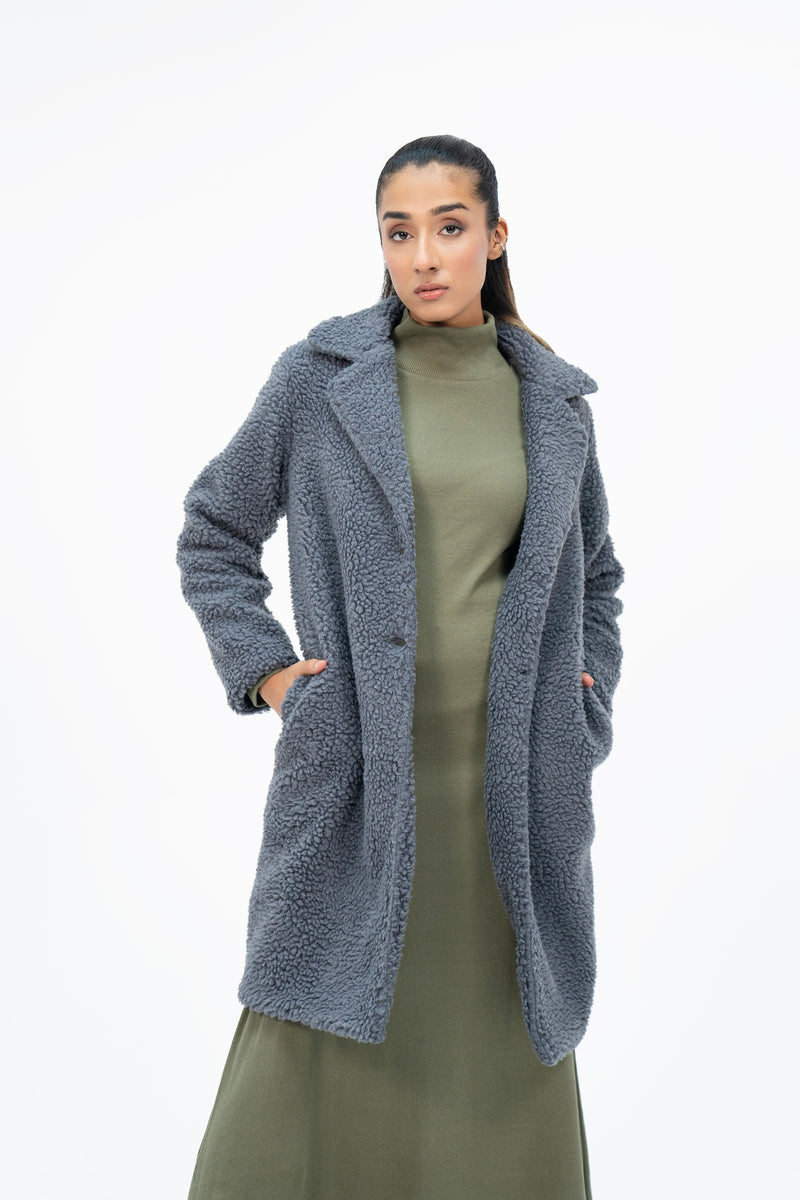 Teddy Faux Fur Oversized Coat - Grey