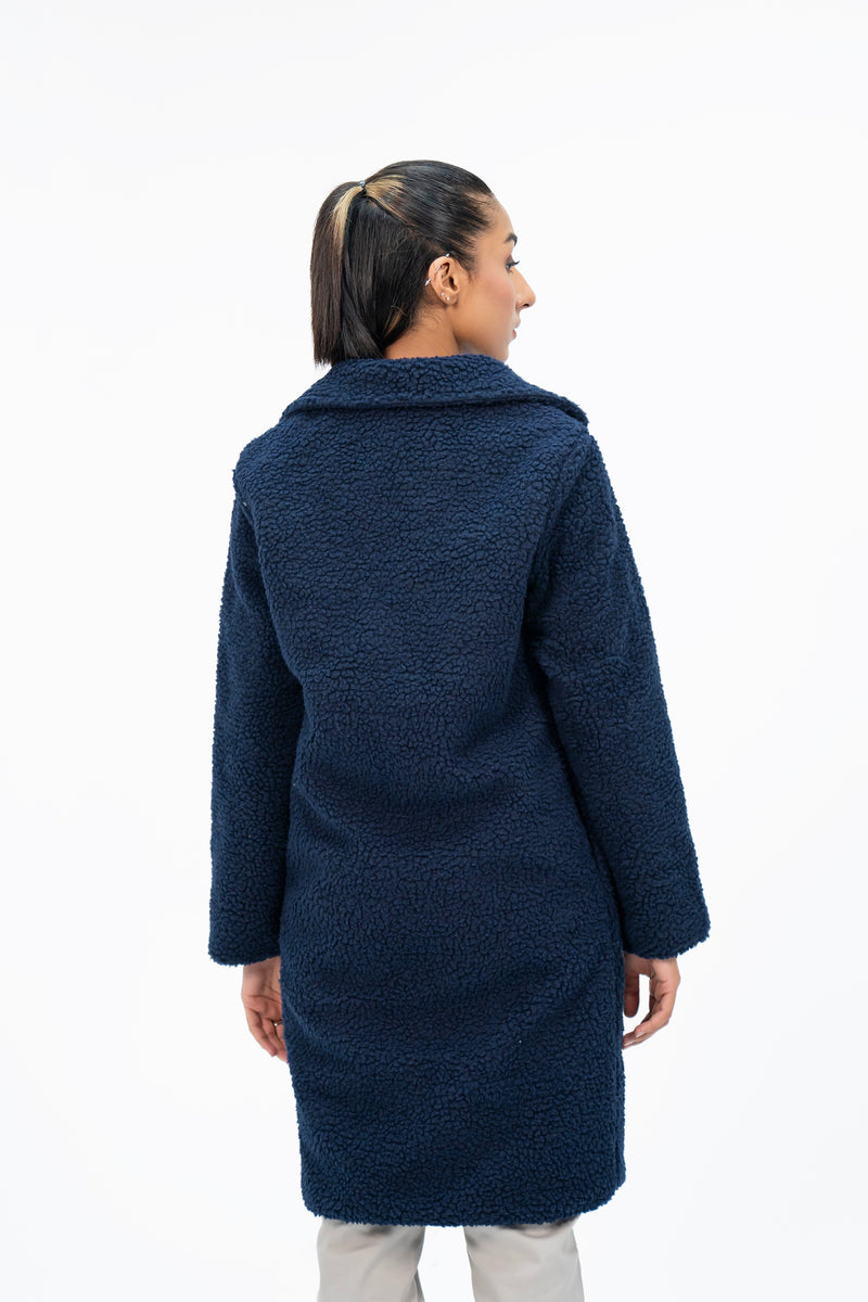 Teddy Faux Fur Oversized Coat - Navy Blue