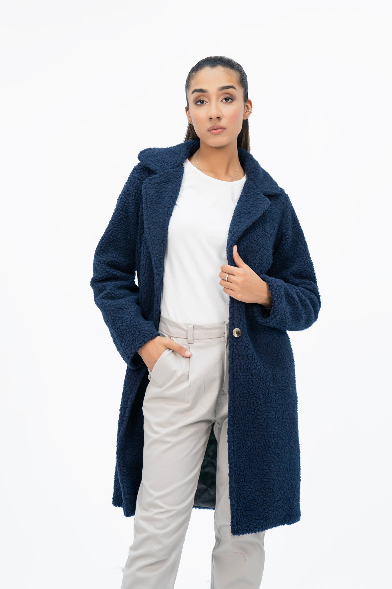 Teddy Faux Fur Oversized Coat - Navy Blue