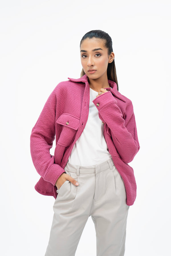 Quilted Fleece Overshirt with Pockets - Dark Pink