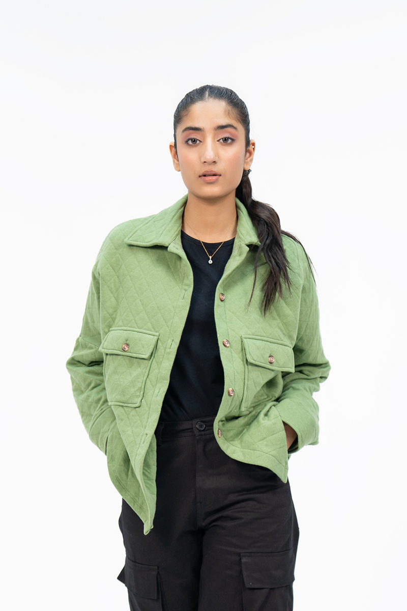 Quilted Fleece Overshirt with Pockets - Light Green