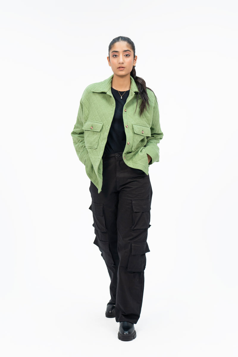 Quilted Fleece Overshirt with Pockets - Light Green