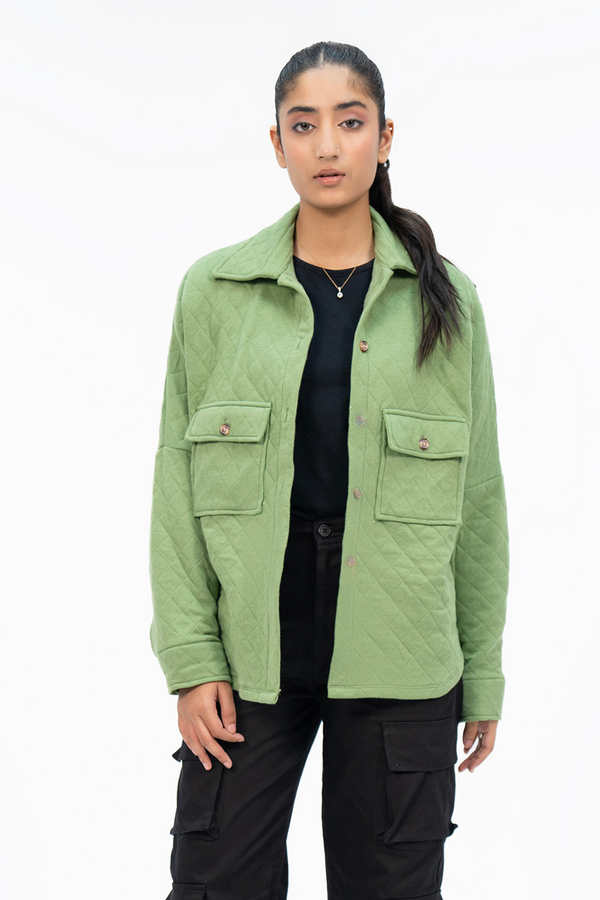 Quilted Fleece Overshirt with Pockets - Light Green