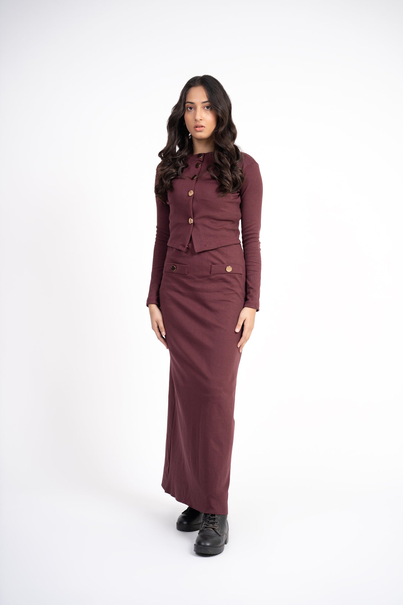 Cropped Knit Top with Golden Button - Dark Maroon
