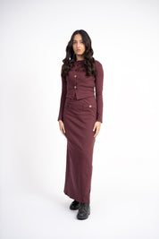 Cropped Knit Top with Golden Button - Dark Maroon