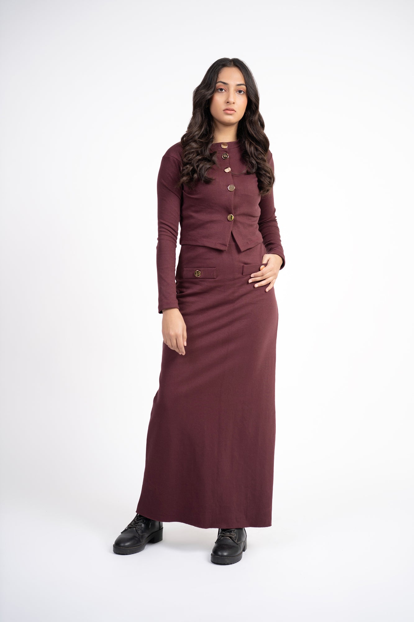 Cropped Knit Top with Golden Button - Dark Maroon
