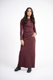 Cropped Knit Top with Golden Button - Dark Maroon