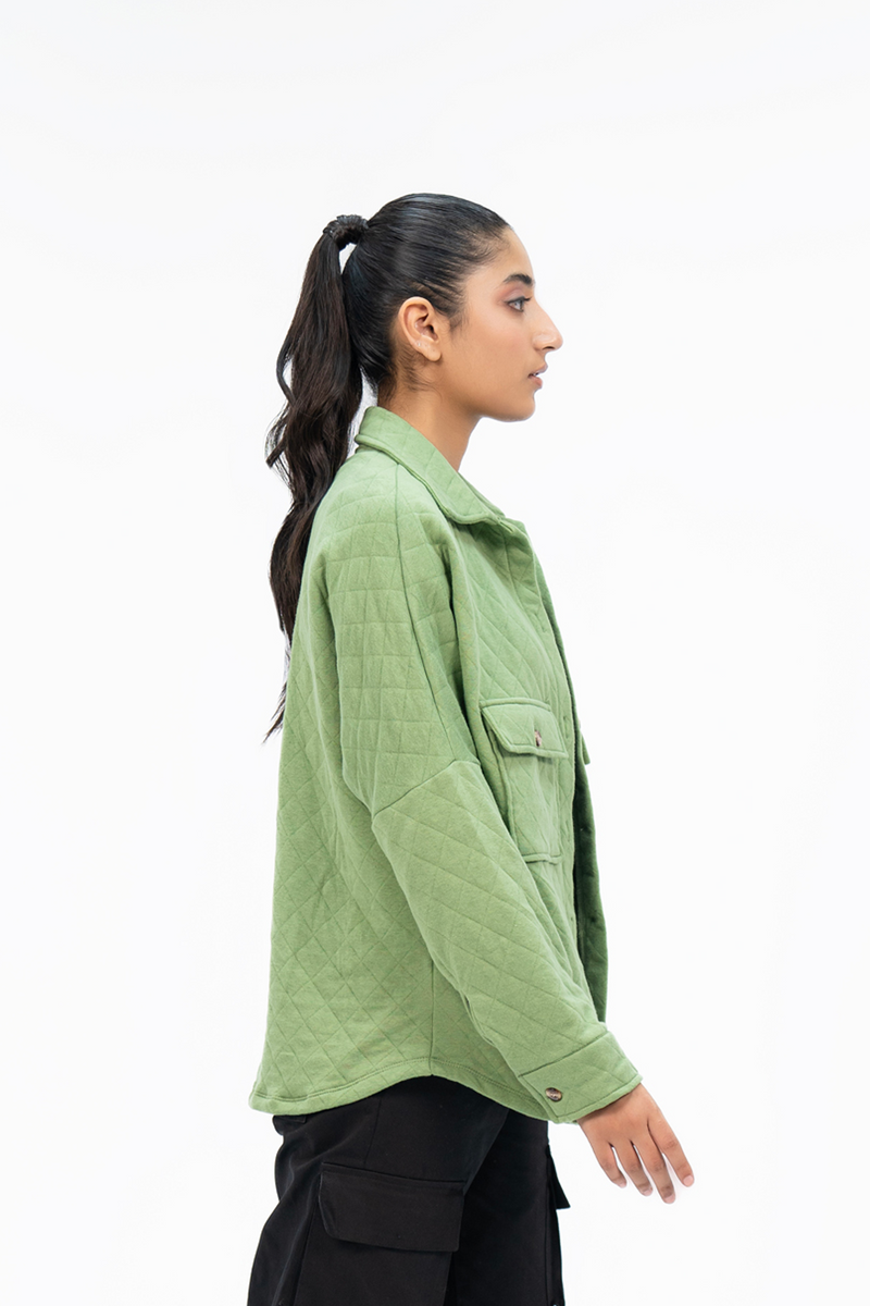 Quilted Fleece Overshirt with Pockets - Light Green