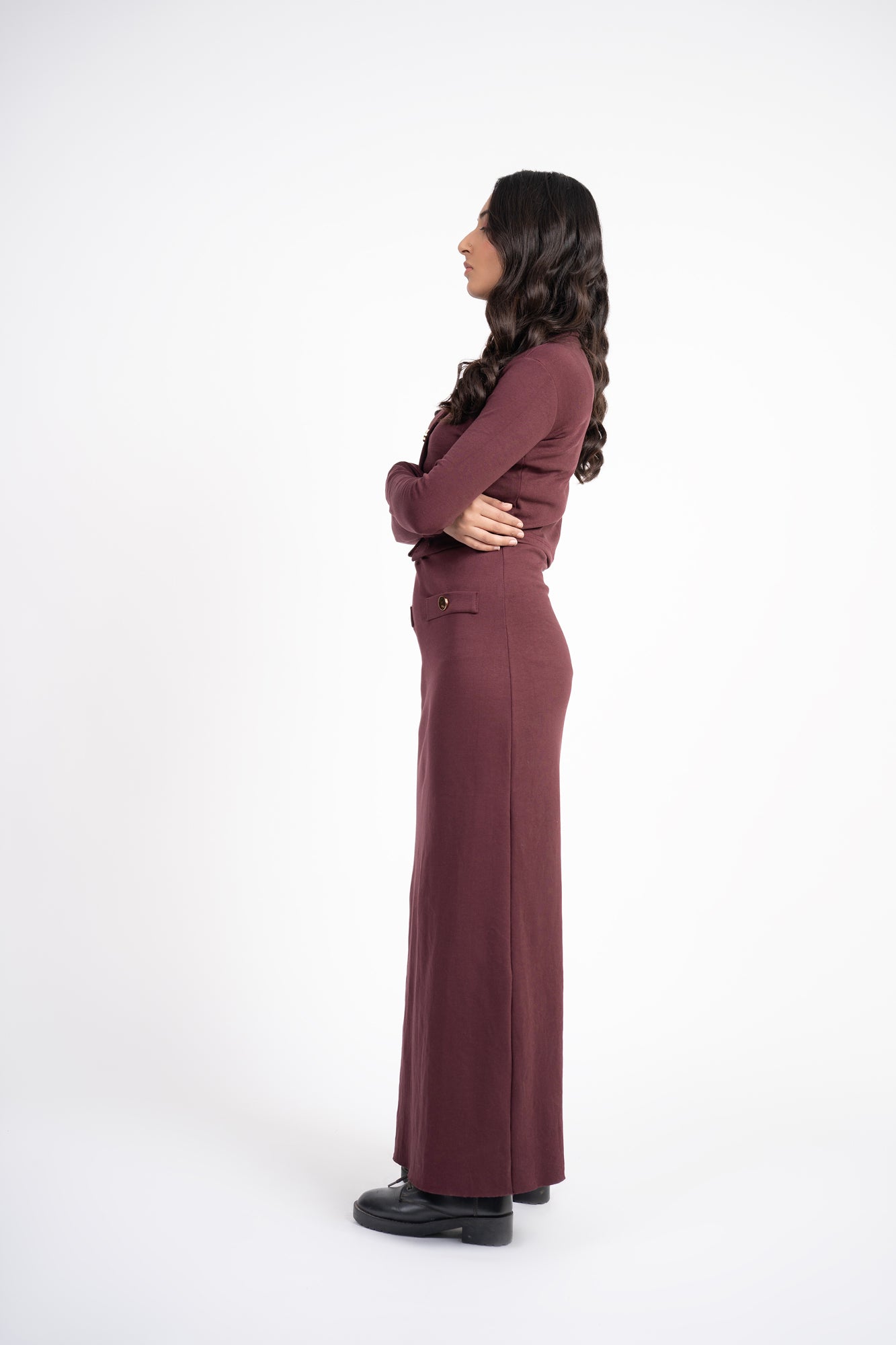 Cropped Knit Top with Golden Button - Dark Maroon
