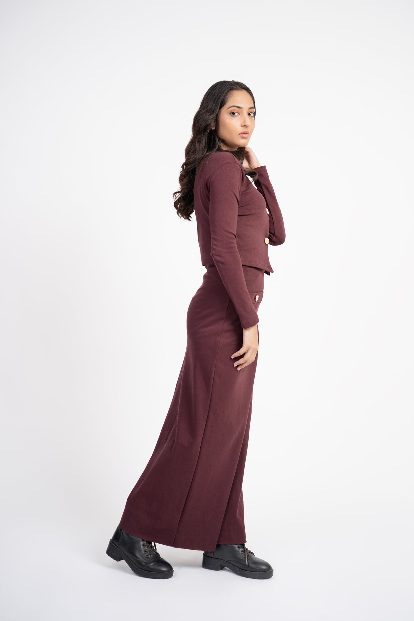 Cropped Knit Top with Golden Button - Dark Maroon