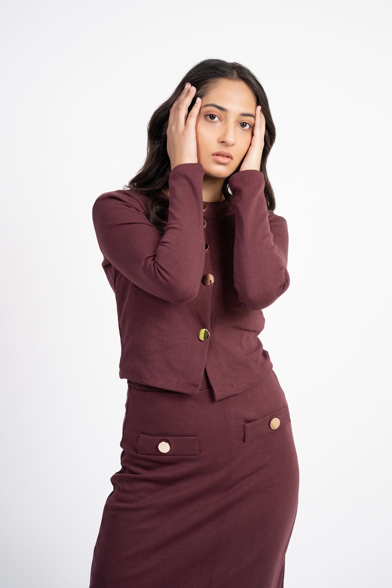 Cropped Knit Top with Golden Button - Dark Maroon