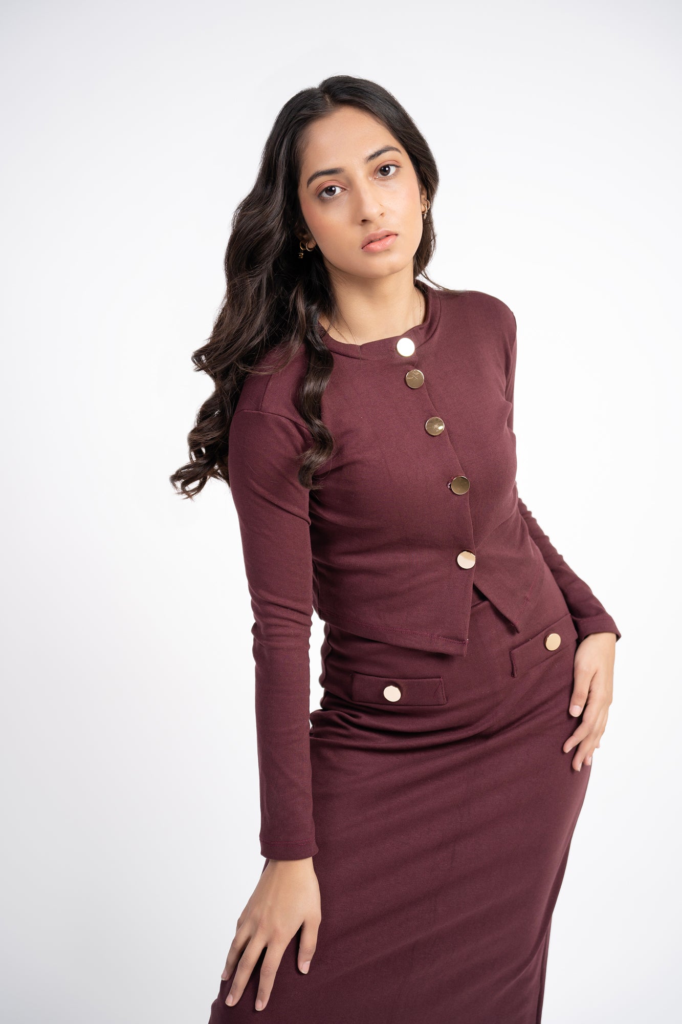 Cropped Knit Top with Golden Button - Dark Maroon