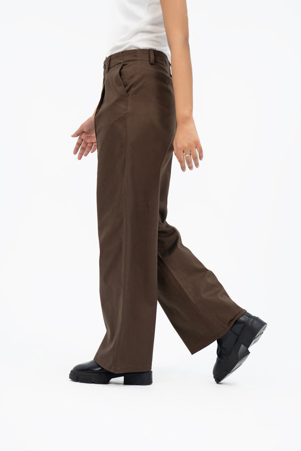 Relaxed Fit Pleated Wide Leg Pant - Chocolate Brown