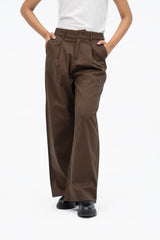 Relaxed Fit Pleated Wide Leg Pant - Chocolate Brown