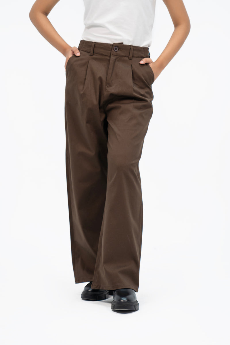 Relaxed Fit Pleated Wide Leg Pant - Chocolate Brown