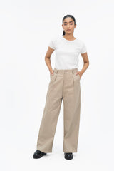 Relaxed Fit Pleated Wide Leg Pant - Beige