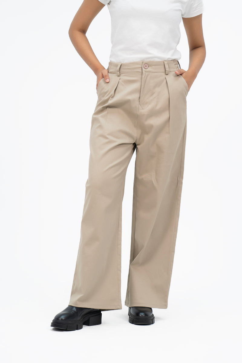 Relaxed Fit Pleated Wide Leg Pant - Beige