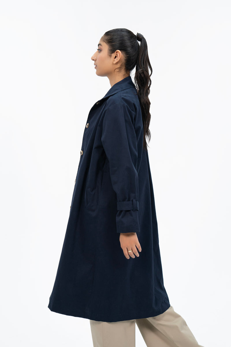 Cotton Trench Coat with Belt - Navy Blue