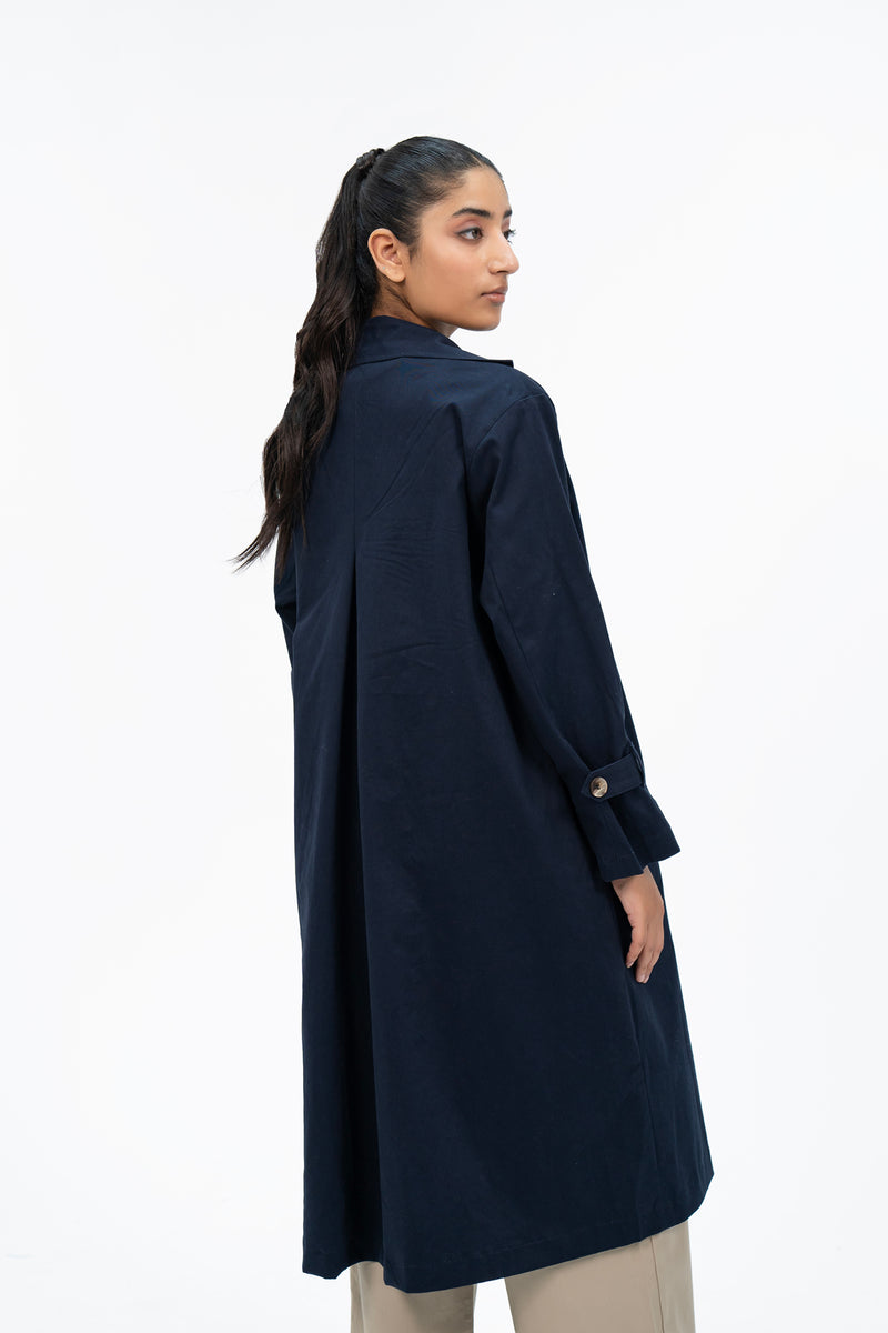 Cotton Trench Coat with Belt - Navy Blue