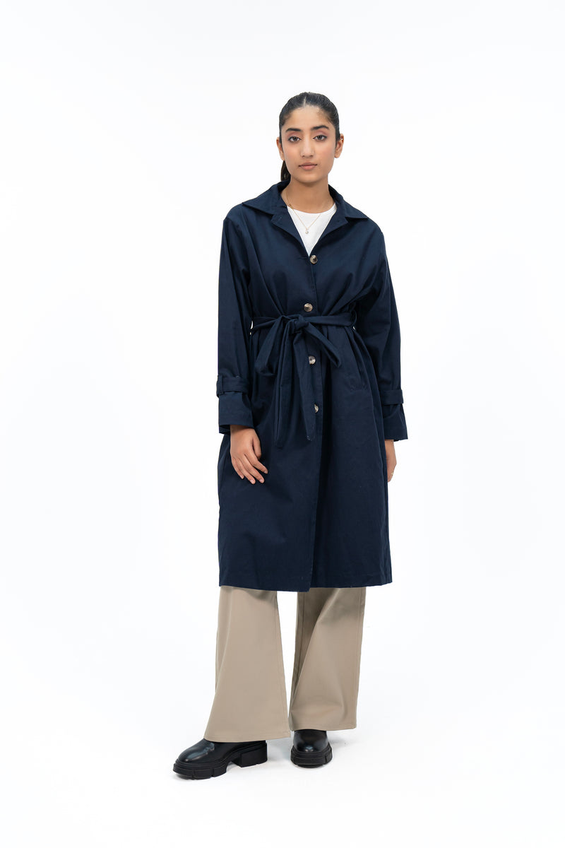 Cotton Trench Coat with Belt - Navy Blue