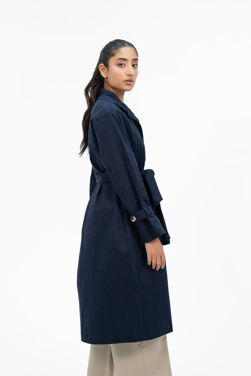 Cotton Trench Coat with Belt - Navy Blue