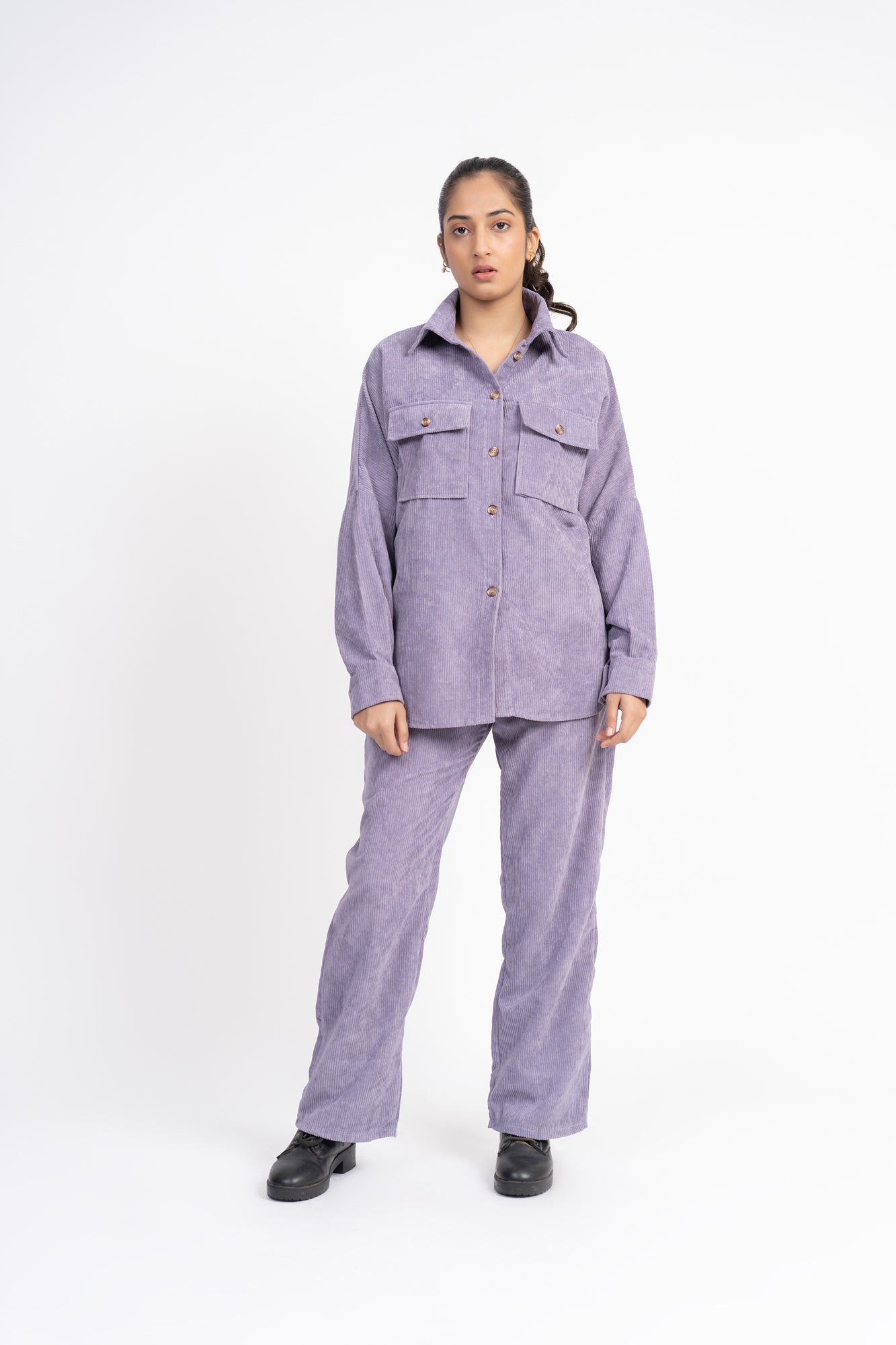 Wide Leg Pant with Pockets in Corduroy - Greyish Purple