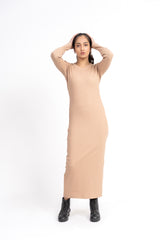 V Neck Bodycon Dress - Light Brown
