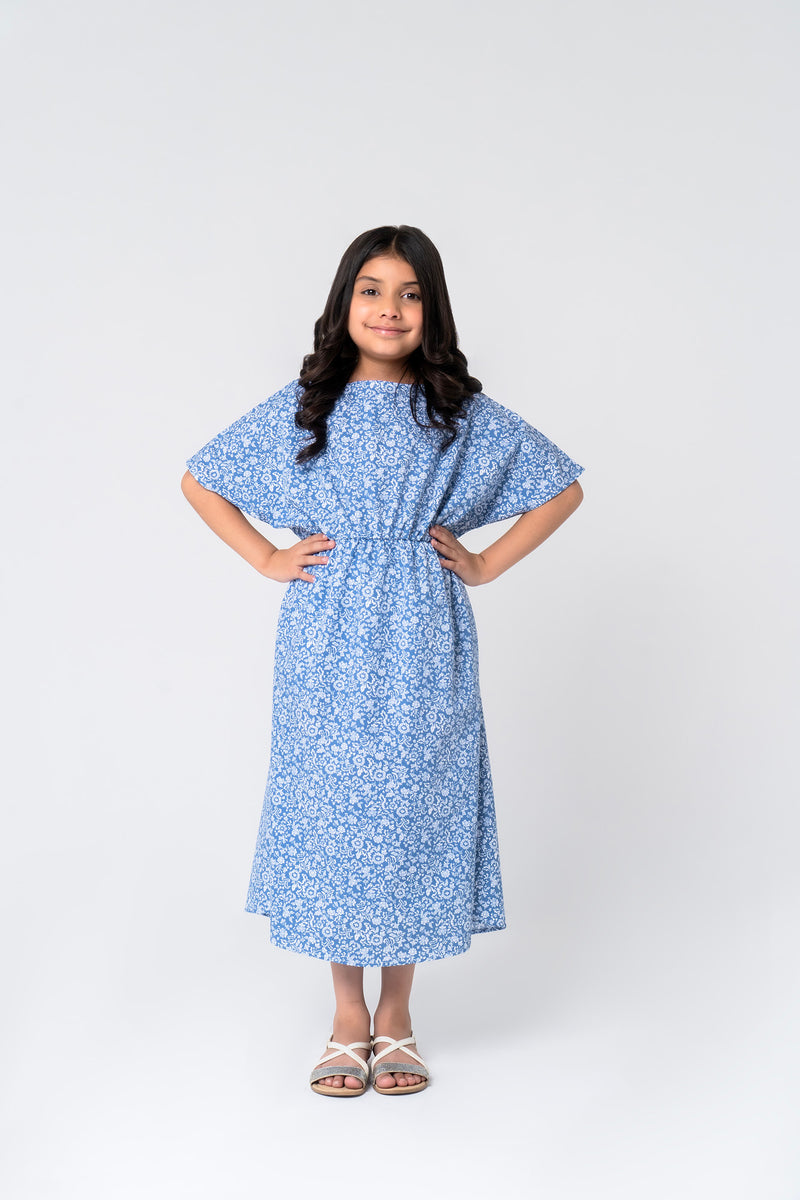 Girls Elastic Waist Dress - Blue White Floral