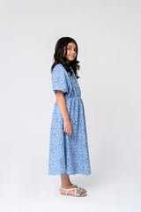 Girls Elastic Waist Dress - Blue White Floral