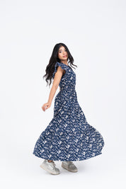 V Neck Butterfly Sleeve Maxi Dress - Navy Blue White Floral