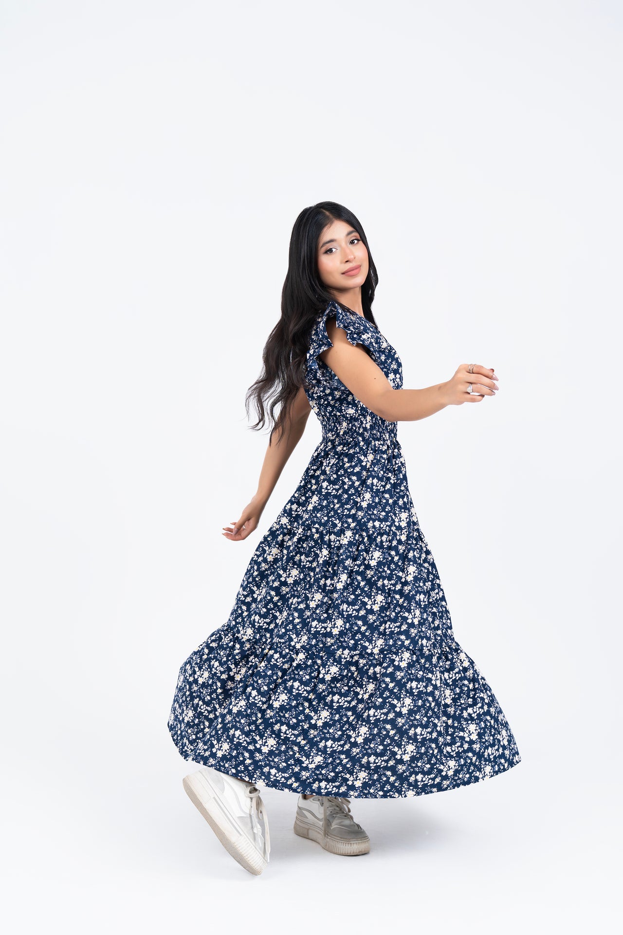 V Neck Butterfly Sleeve Maxi Dress - Navy Blue White Floral