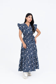 V Neck Butterfly Sleeve Maxi Dress - Navy Blue White Floral