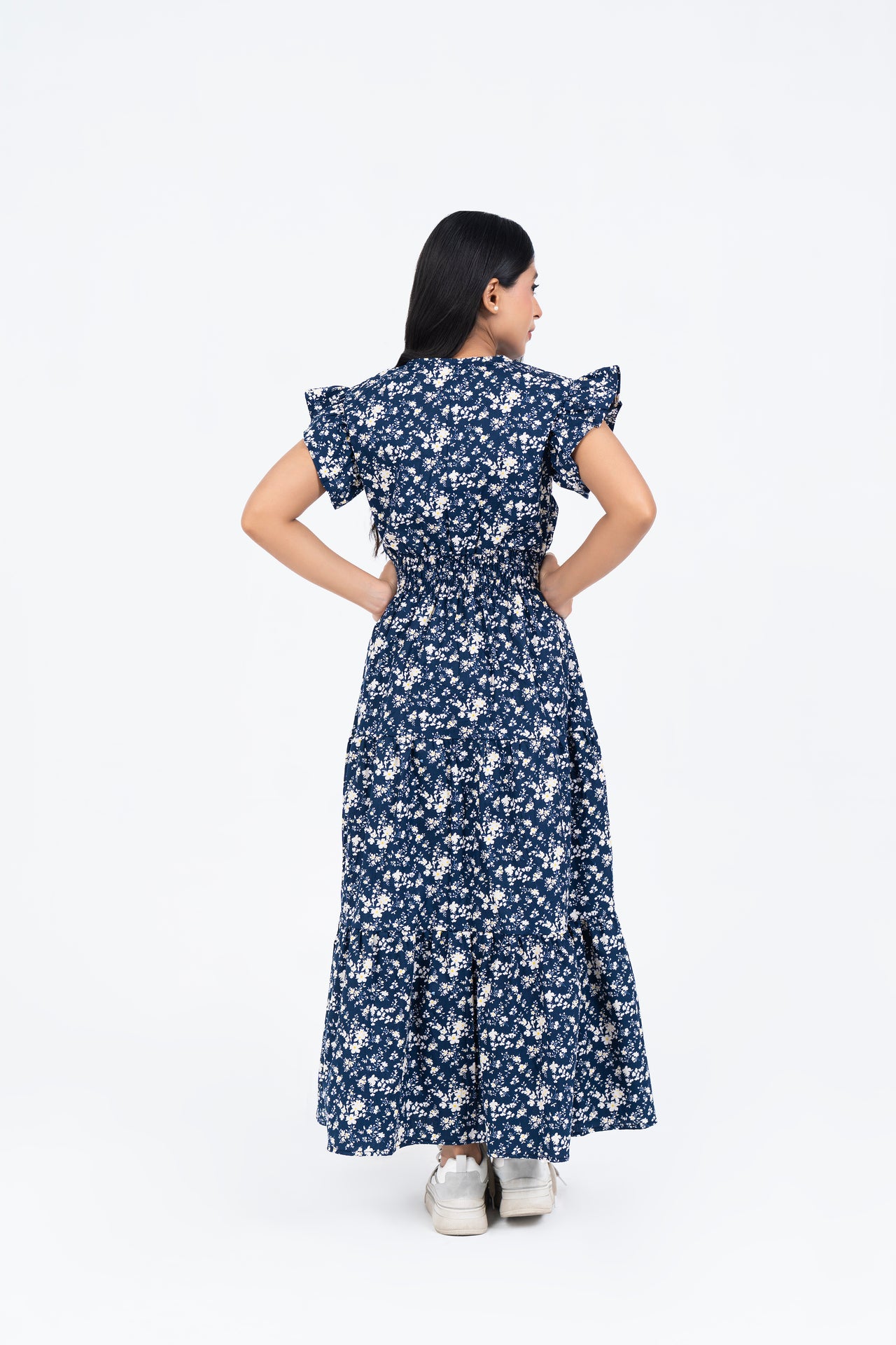 V Neck Butterfly Sleeve Maxi Dress - Navy Blue White Floral