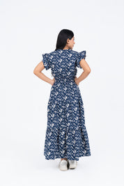 V Neck Butterfly Sleeve Maxi Dress - Navy Blue White Floral