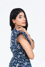 V Neck Butterfly Sleeve Maxi Dress - Navy Blue White Floral