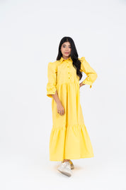 Pleated Sleeve Collared Dress - Light Yellow