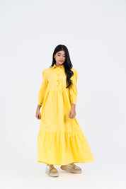 Pleated Sleeve Collared Dress - Light Yellow