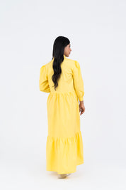 Pleated Sleeve Collared Dress - Light Yellow