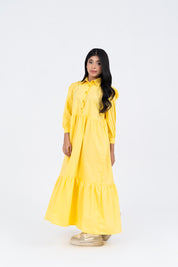 Pleated Sleeve Collared Dress - Light Yellow