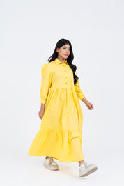 Pleated Sleeve Collared Dress - Light Yellow