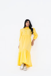 Pleated Sleeve Collared Dress - Light Yellow