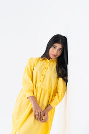Pleated Sleeve Collared Dress - Light Yellow