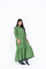 Pleated Sleeve Collared Dress - Pistachio Green