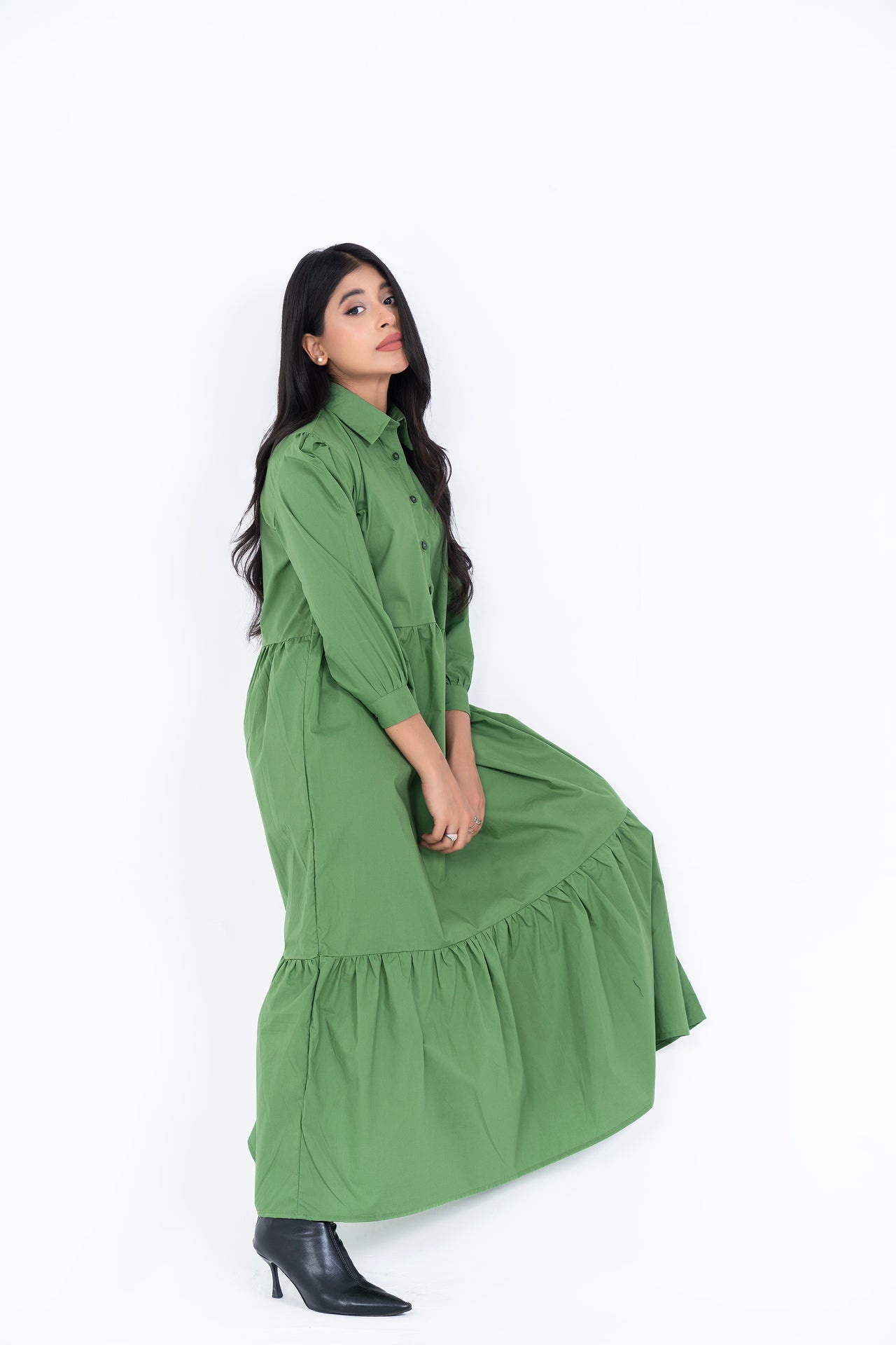 Pleated Sleeve Collared Dress - Pistachio Green