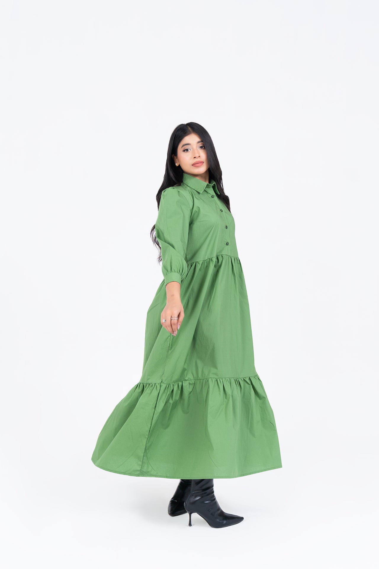 Pleated Sleeve Collared Dress - Pistachio Green