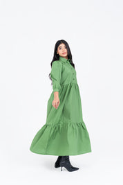 Pleated Sleeve Collared Dress - Pistachio Green