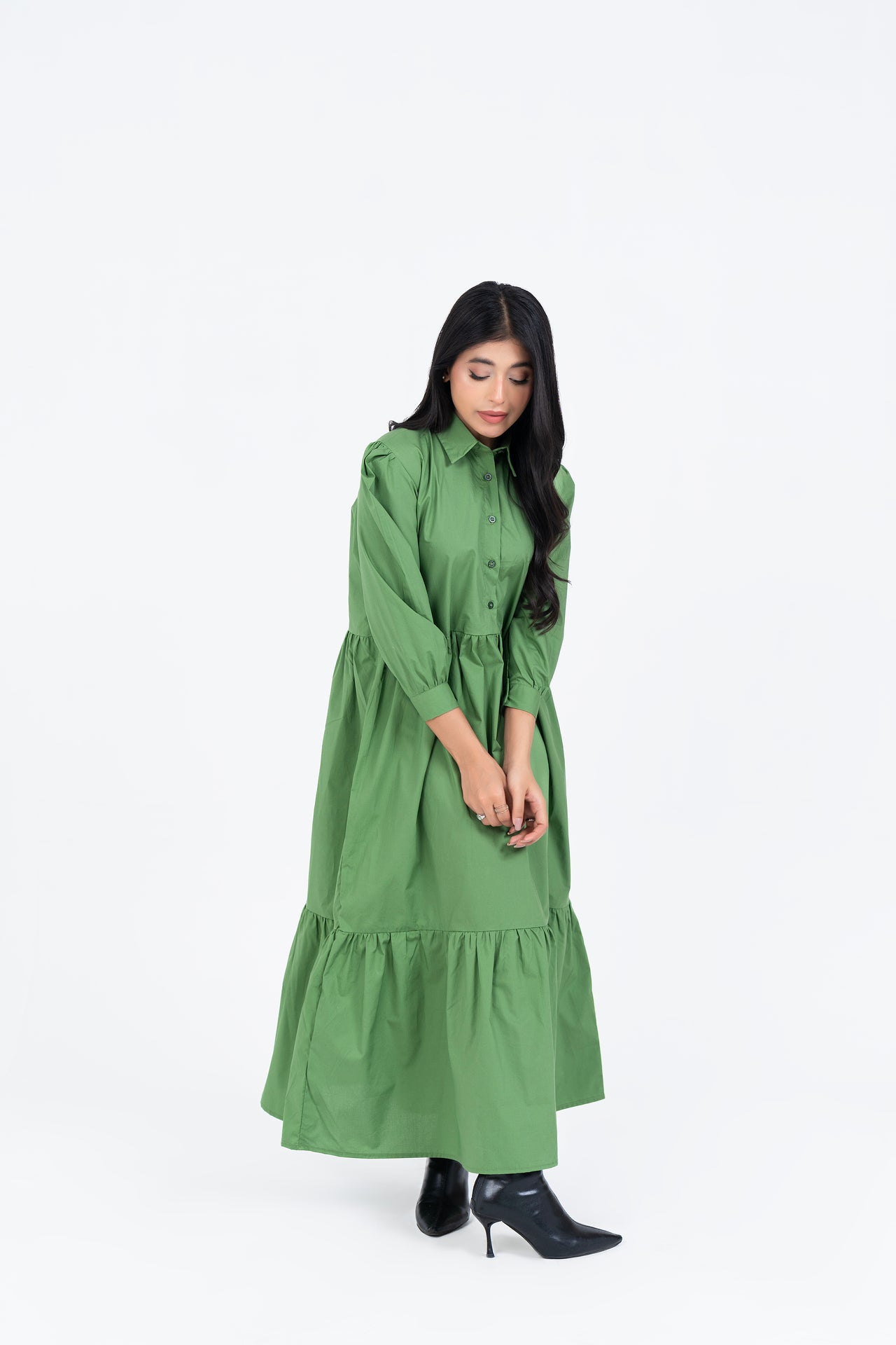 Pleated Sleeve Collared Dress - Pistachio Green