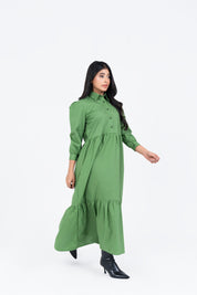 Pleated Sleeve Collared Dress - Pistachio Green