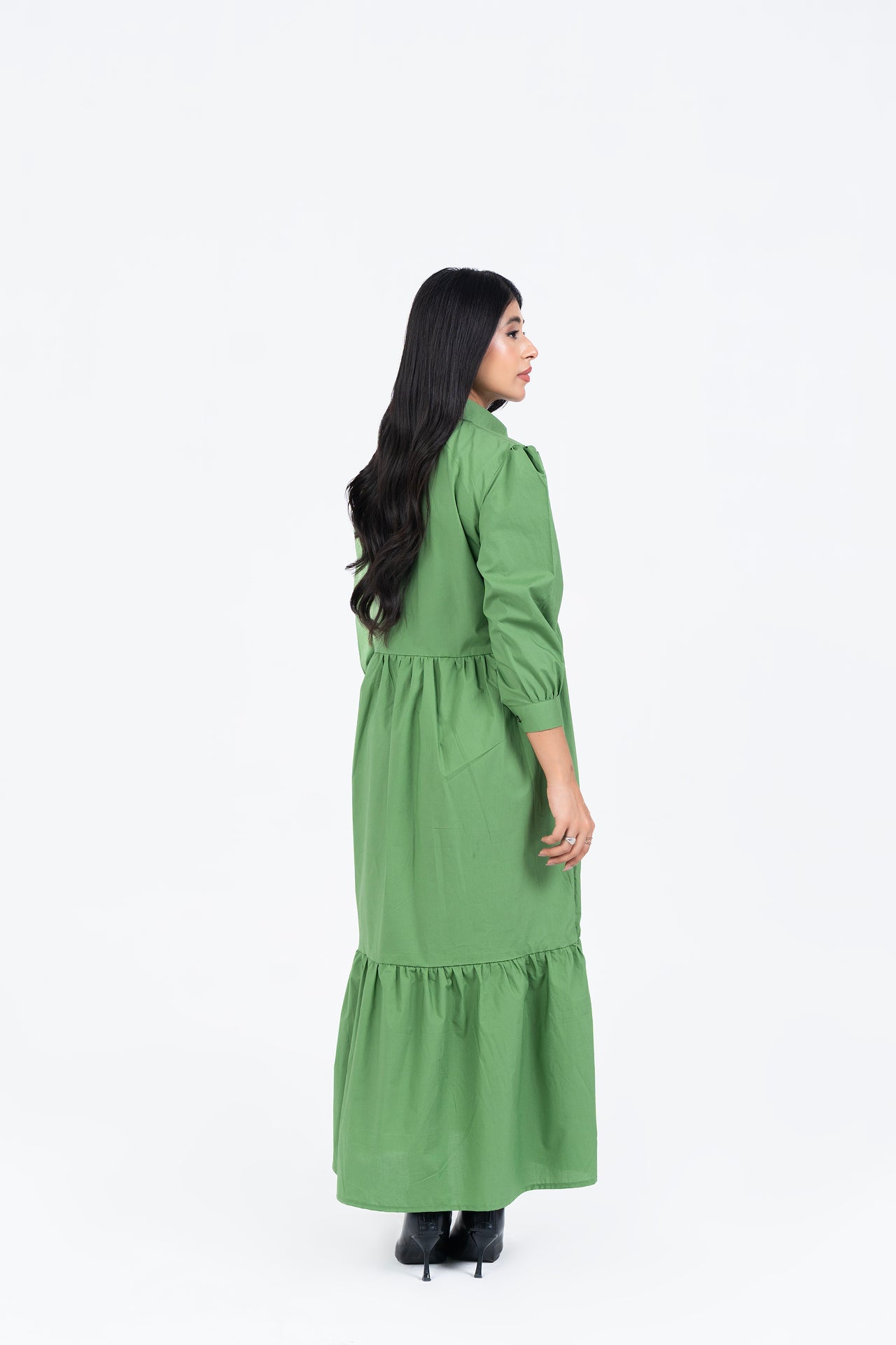 Pleated Sleeve Collared Dress - Pistachio Green