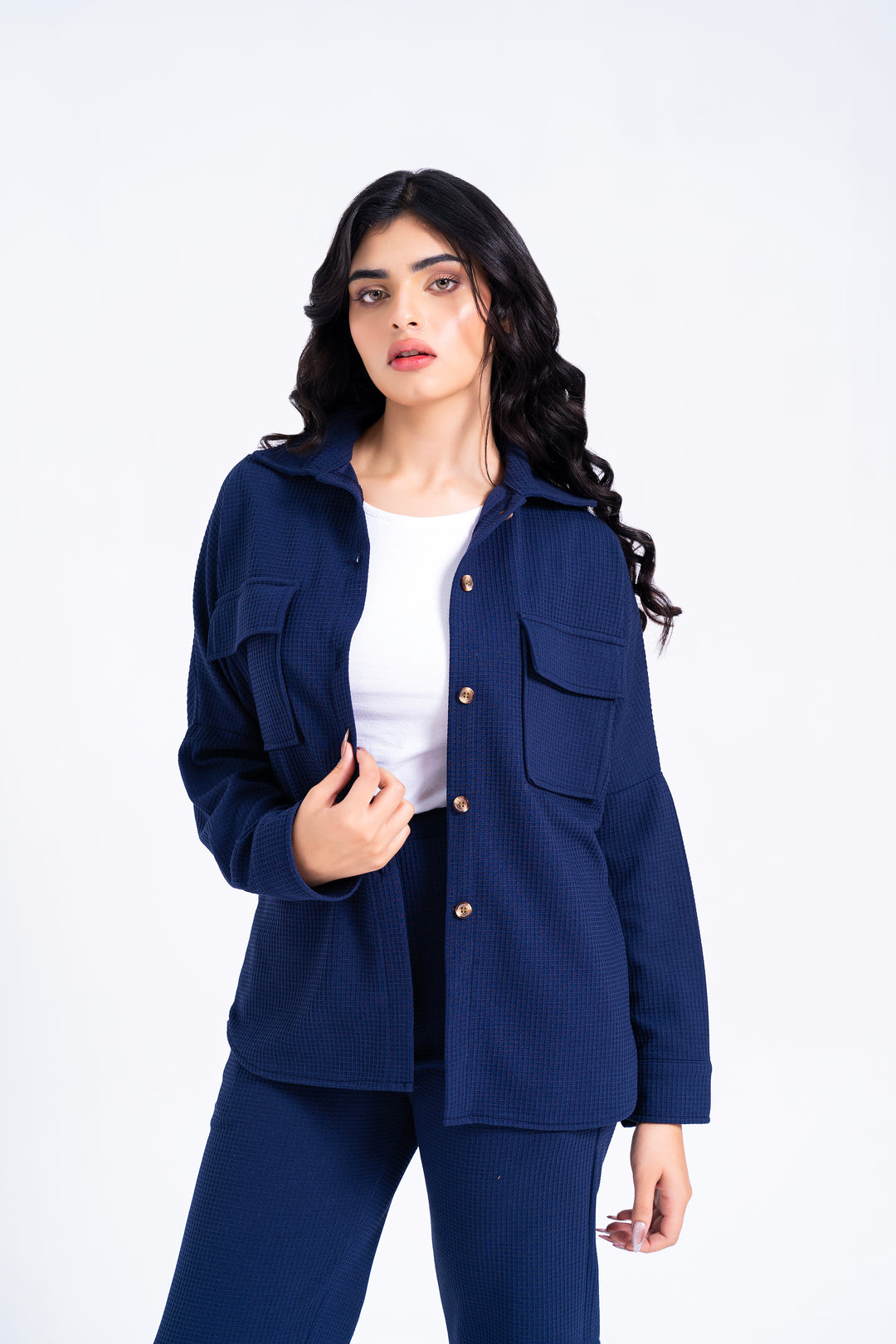Overshirt with Pockets in Waffle - Blue